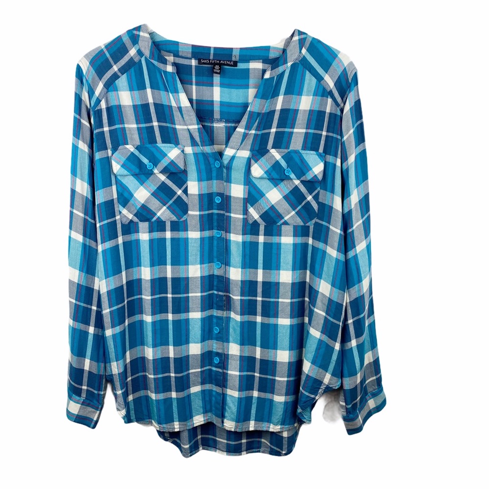 Sak’s Fifth Avenue Plaid Peasant Blouse Button Med